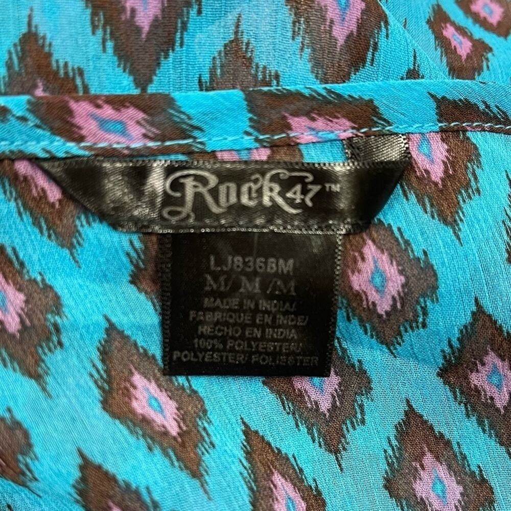 Wrangler Rock 47 Lightweight Semi Sheer Vneck Top Blouse Bell Sleeve Blue Medium - Picture 6 of 7